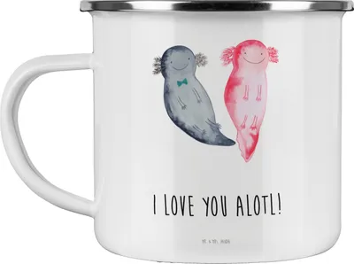 Produktbild von Mr. & Mrs. Panda becher emaille Axolotl Liebe - Weiß - Geschenk, Emailletasse, für Freundin, Freund, Tasse, Pott, Haferl, Frauen, Partner, Valentinstag, Teetasse