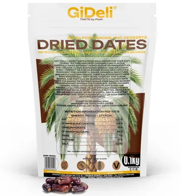 Obrázek produktu pro Datle 100g, bez přidaného cukru, vhodné pro syrovou stravu, jemné, aromatické, přírodní, veganské, GiDeli