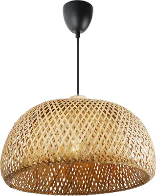 Obrázek produktu pro Kulatá závěsná lampa z proutí a bambusu Ø38 cm x 20 cm - dvojitá kopule, minimalistický přírodní styl, černá, E27