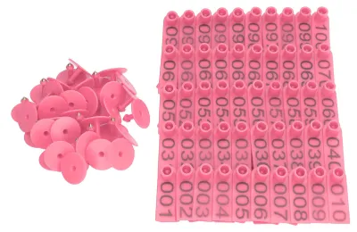 Image de 100 jeux de marques auriculaires numérotées pour bovins, carte d'identification précise du bétail pour vaches, porcs et moutons, rose