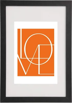 A framed picture with the word "LOVE" in stylized white lettering on an orange background.