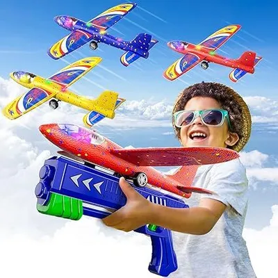 Produktbild von 3 Pack Flugzeug Launcher Spielzeug Flugzeugbausätze 12,6 Zoll LED Schaum Gleiter Katapult, 2 Flug Modi, fliegen