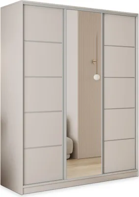 A modern sliding door wardrobe with a mirrored center panel.