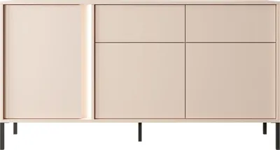 Produktbild von Skandinavisches Sideboard mit LED Beleuchtung – Moderne Kommode 153x81x40 cm Beige – viel Stauraum – Minimalistische Push-to-Open Türen & Schubladen – Stilvolle Metallfüße – DONNA Set