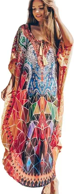 Produktbild von Oranger Maxikleid mit Blumenmuster, leichte Kaftan-Tunika als Strand- und Poolbekleidung