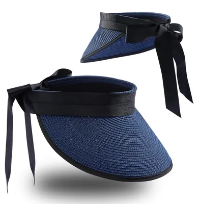 Produktbild von Faltbarer Sommerhut Strohhut mit Klettverschluss und Schleifeband marineblau 52-61cm