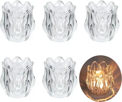 Immagine prodotto di 6 portacandele a forma di tulipano in vetro trasparente, stile vintage, ideali per decorare la tavola, perfetti per le vacanze o i matrimoni