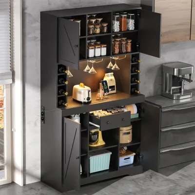 Produktbild von MODFU Küchenschrank Aufbewahrungsschrank mit Edelstahl-Weinglashalter Weinschrank Hochschrank mit LED-Beleuchtung und Steckdosen Schublade Sideboard mit Weinflaschenfächern Schwarz