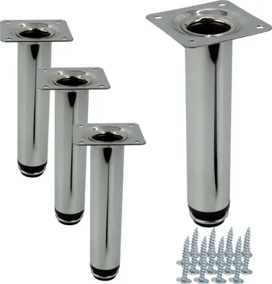 Obrázek produktu pro Elegantní nastavitelné nohy nábytku z lesklého kovu, výška 10 cm, kulatý tvar, ideální pro moderní bydlení a snadné přizpůsobení různým.