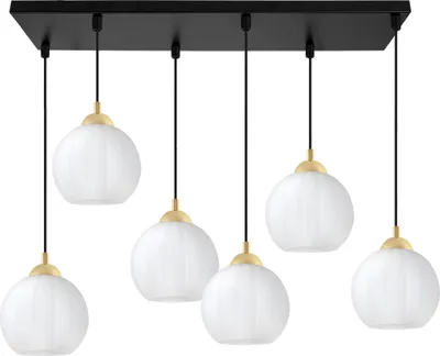 Produktbild von Hängeleuchte Costa schwarz-gold 6-flammig mit weißen Kugeln E27 – elegante Pendelleuchte für stilvolle Innenbeleuchtung
