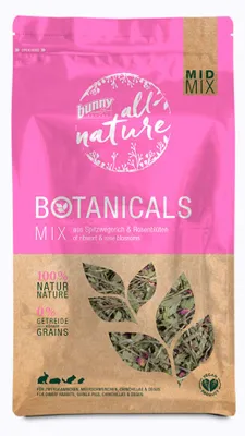Productafbeelding van Bunny Nature BOTANICALS MID MIX MIX AUSTRALIS, mengsel van spichtwegerich en rozenbloemen, hooi, 120 g, geschikt voor chinchilla's, degu's en dwergkonijnen. Inhoud: spichtwegerich (80%), rozenbloemen (20%), verpakt in een zak