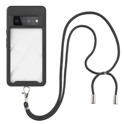 Produktbild von Google Pixel 6 Pro Handykette Hülle, Transparente TPU Bumper Ganzkörper Schutzhülle mit Kordel zum Umhängen Necklace Schlüsselband für Google Pixel 6 Pro Schwarz