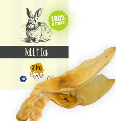 A product image showing a dried rabbit ear for pets, with packaging elements on the left.