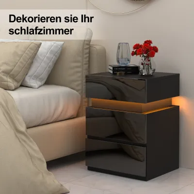 Produktbild von Nachttisch mit LED-Beleuchtung 55 cm hoch mit 3 Schubladen schwarz