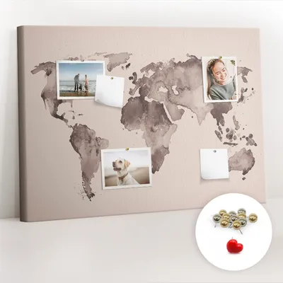Obrázek produktu pro Korková nástěnka s kolíčky - Tabule s kolíky pro fotografie a poznámky - 100x70 cm - Připínáčky kovové 100 kusů - Akvarelová mapa světa