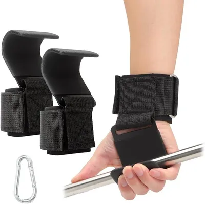 Produktbild von PolkaHome® Krafttrainingshaken für Klimmzüge und Kreuzheben – Paar schwarze Gewichtheberhaken mit verstellbaren Handgelenkschlaufen