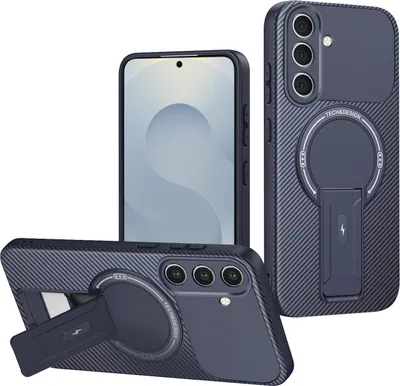Produktbild von Hülle für Samsung Galaxy S24/S25 Magnetisch Carbonfaser Design TPU Hybrid Handyhülle mit Ständer Blau
