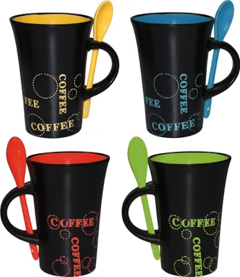 Produktbild von 4er-Set Keramik Kaffeebecher & Löffel Kaffeetassen schwarz bunt XL Tasse Becher