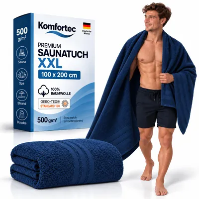 Produktbild von Komfortec Saunatuch 100x200 cm XXL, 100% Baumwolle, 500 g/m², extra große und weiche Duschtücher, saugstark & schnelltrocknend, Navyblau