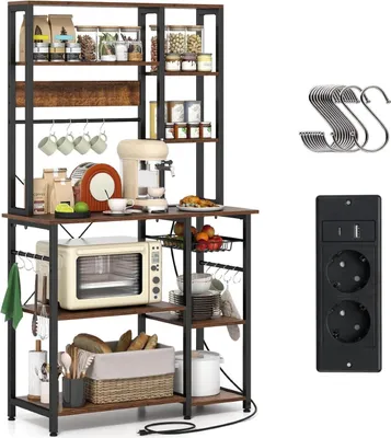 A multi-tiered kitchen storage rack with various kitchen items and accessories, including a microwave, coffee maker, and fruit basket. A power strip with USB ports and S-hooks are shown separately to the right.