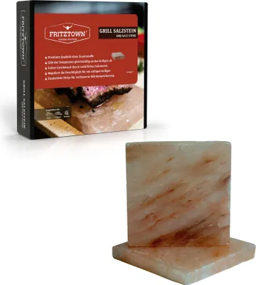 Zdjęcie produktu dla Kamień solny do grilla FRITZTOWN® Deluxe - Zestaw 2 kamieni 20x20x2,5 cm - Delikatny smak dzięki krystalicznej soli - Ekskluzywne pudełko upominkowe z instrukcją obsługi