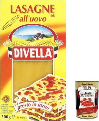Produktbild von 12x Divella Pasta Lasagne all'uovo, 100% italienische Pasta, Eiernudeln, Pasta mit Ei n.108 500g + Italian Gourmet polpa 400g