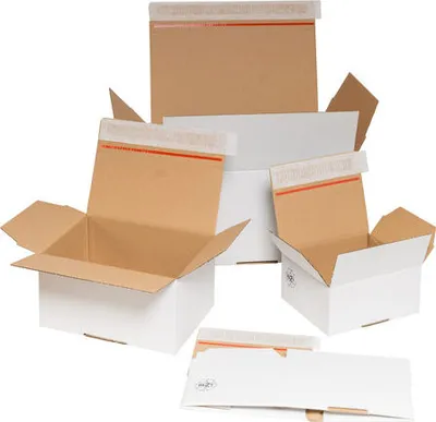 Produktbild von 10x Schnellaufrichtekarton 160x130x70mm Selbstklebeverschluss Aufreißfaden Automatikboden weiß