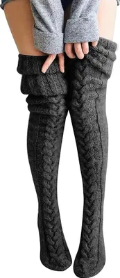 Produktbild von Damen Strümpfe Strick Overknee Socken Dicke Warme Überknie Kniestrümpfe Trachtenstrümpfe Grobstrick Wintersocken Thermosocken Lange Weihnachtssocken Kuschelsocken für Frauen, Dunkelgrau