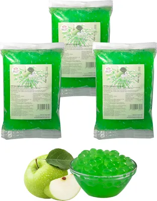 Produktbild von Bubble Tea Popping Boba Mix - 3 x 600g Grünapfel Boba Fruchtperlen - Vegan&Glutenfrei Boba Perlen - Aktion: 1 Gratis 600g Packung