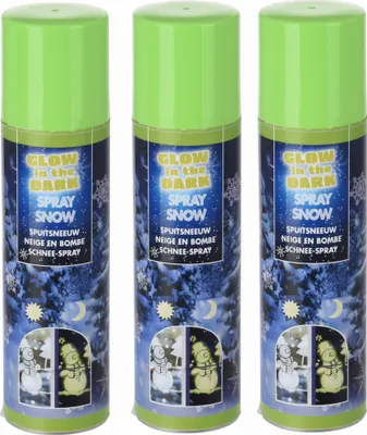 Three cans of glow-in-the-dark spray snow are arranged side-by-side against a dark, starry background with images of snowmen and moons.