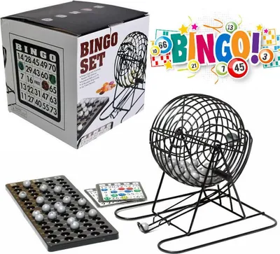 Produktbild von Bingo Spielset mit großer Metall-Bingotrommel – 75 nummerierte Kugeln, 18 Bingo-Karten, Chips und Übersichtstafel – robustes Gesellschaftsspiel für 2–18 Spieler, Familie, Lotto & Party