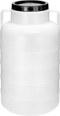 A white plastic barrel with a black lid and handles, shown from the front.