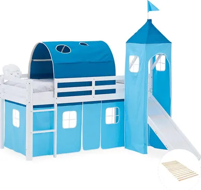 Image de Lit superposé 90x200 cm avec Toboggan Sommier Lit mezzanine en Bois Pin Massif Lit d'enfant Rideau Tour Tunnel Bleu