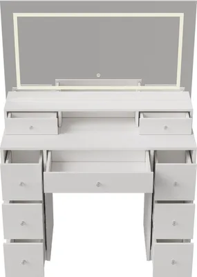 Immagine prodotto di Tavolo da trucco bianco con specchio LED a tre colori, interruttore touch e ampio spazio di archiviazione con sgabello