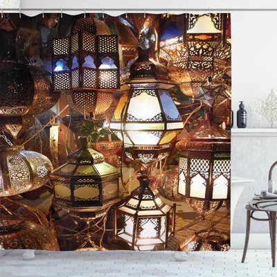 Produktbild von ABAKUHAUS marokkanisch Duschvorhang, Arabische Laternen Souk Abend Kultur Historische Reiseziele Druck, 175 x 180 cm, Braun Lila Grün