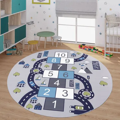 Produktbild von TT Home Kinder-Teppich, Spiel-Teppich Für Kinderzimmer, Hüpfkästchen und Straßen, Grau Größe 160 cm Rund