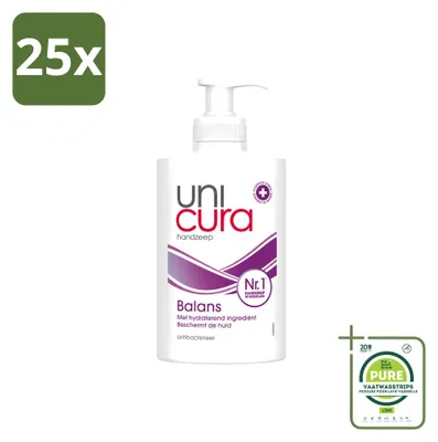 Productafbeelding van 25 x Unicura Antibacteriële vloeibare zeep, Balance - 250 ml - Grote verpakking - 25 stuks
