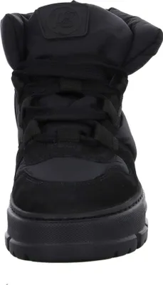 A close-up, front-facing view of a black winter boot.