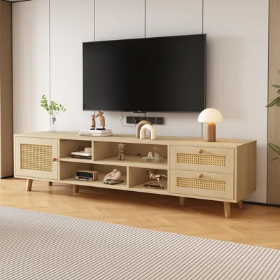 Produktbild von Merax TV Lowboard mit Rattan, Wohnzimmer TV-Schrank mit Kabelmanagement, TV-Ständer mit 2 Schubladen und 1 Tür, Für TV bis 70 Zoll, Holzfarben