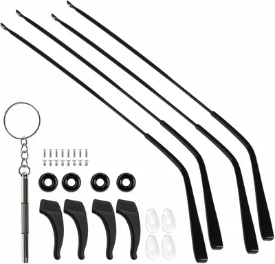 Imagen del producto de Kit de accesorios para gafas que incluye 2 pares de varillas, 2 pares de almohadillas nasales, un destornillador y un kit de reparación para gafas