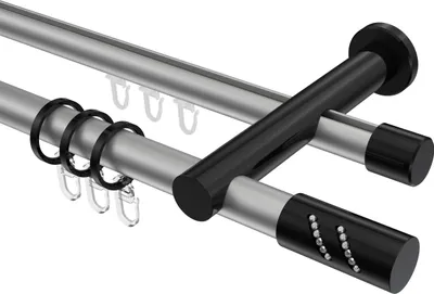 Produktbild von Interdeco Rundrohr-Innenlaufstange / Gardinenstange (Kombination) Silbergrau / Schwarz, Typ Platon Zoena (Glitzerzylinder), 20 mm Ø 2-läufig, 320 cm