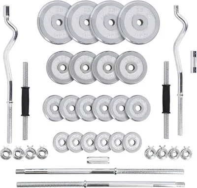 A set of dumbbells and weight plates arranged on a white background.