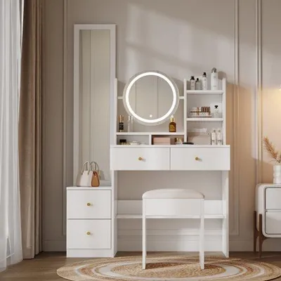 Image de Coiffeuse 4-en-1, avec miroir et miroir pivotant, éclairage LED à 3 couleurs, poignée en métal, blanche, 164 cm x 109 cm x 36 cm