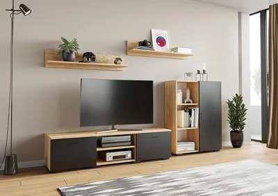 Produktbild von MATKAM Wohnwand Chopin 4-teilig aus HDF-Platte 18 mm, TV-Kommode, Kommode mit Tür, 2 x Hängeregal (Artisan Eiche-Schwarz)