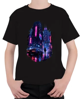 Produktbild von Cyberpunk City Future Neon Auto Regen Nacht Japan Y2K Synthwave Kinder T-Shirt, Schwarz, 140