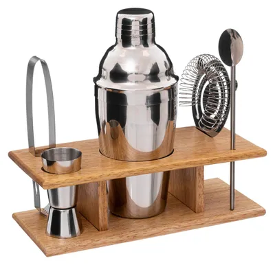 Produktbild von Atmosphera | Cocktail Set - Cocktailbox - Barkeeper Set - 6er Set - Cocktailshaker mit Bambusständer - aus Edelstahl und Holz - Praktisch
