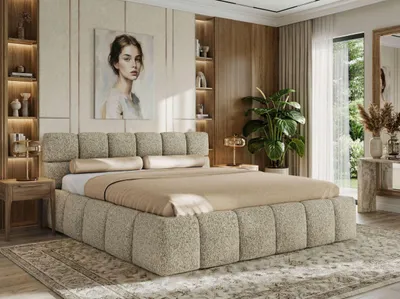 Produktbild von MKS MEBLE Polsterbett NIRA CLASSIC mit Bettkasten und Lattenrost gepolstertem Kopfteil Stauraumbett Gasdruck 140x200 Dunkelbeige Strukture