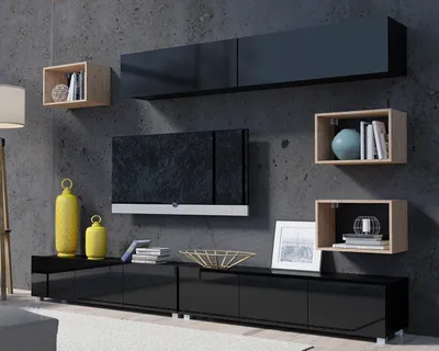 Produktbild von Wohnwand Amanda XVIII Schrankwand Komplett Wohnzimmer-Set TV Möbel Breite 300cm (Schwarz matt + Schwarz Hochglanz Fronten / Artisan Eiche)
