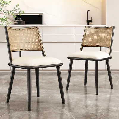 Produktbild von okwish Esszimmerstühle Polsterstuhl 2er Set mit holzbein, Küchenstuhl mit Rattan-Rückenlehne, Stuhl Essstuhl für Wohnzimmer Schlafzimmer, Schwarz