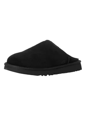 A black Ugg slipper is shown against a white background.